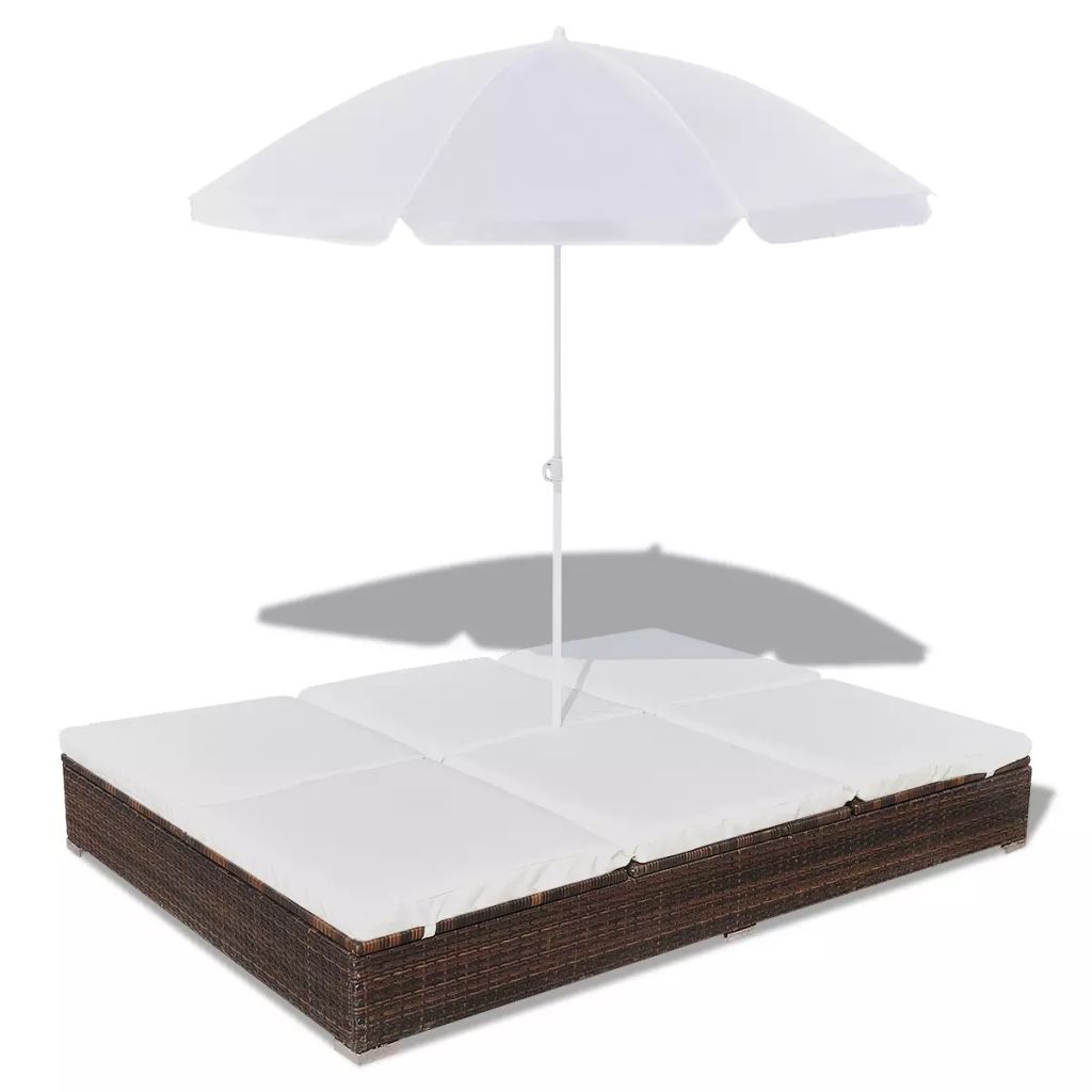 Outdoor-Loungebett mit Sonnenschirm Poly Rattan Braun