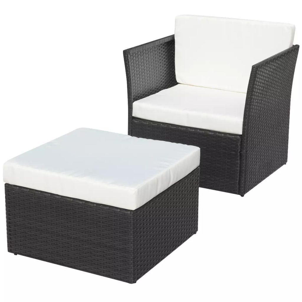 Gartensessel mit Fußhocker Poly Rattan Schwarz