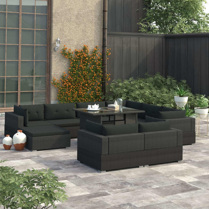 10-tlg. Garten-Lounge-Set mit Auflagen Poly Rattan Schwarz
