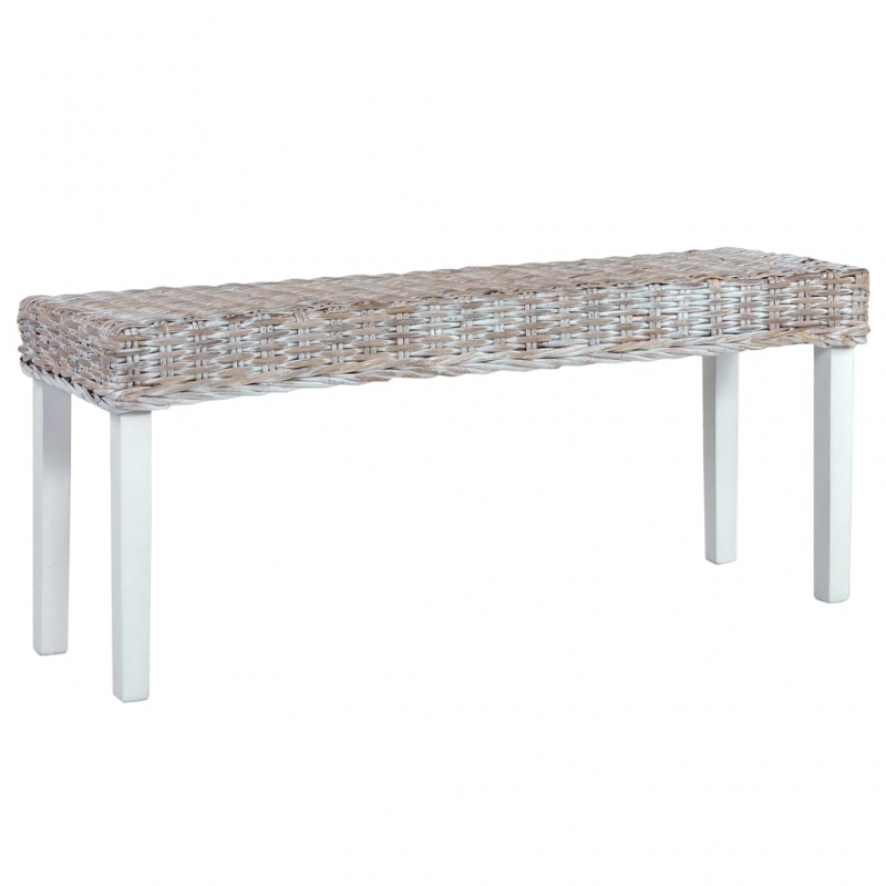 Sitzbank 110 cm Weiß Natur Kubu-Rattan und Massivholz Mango
