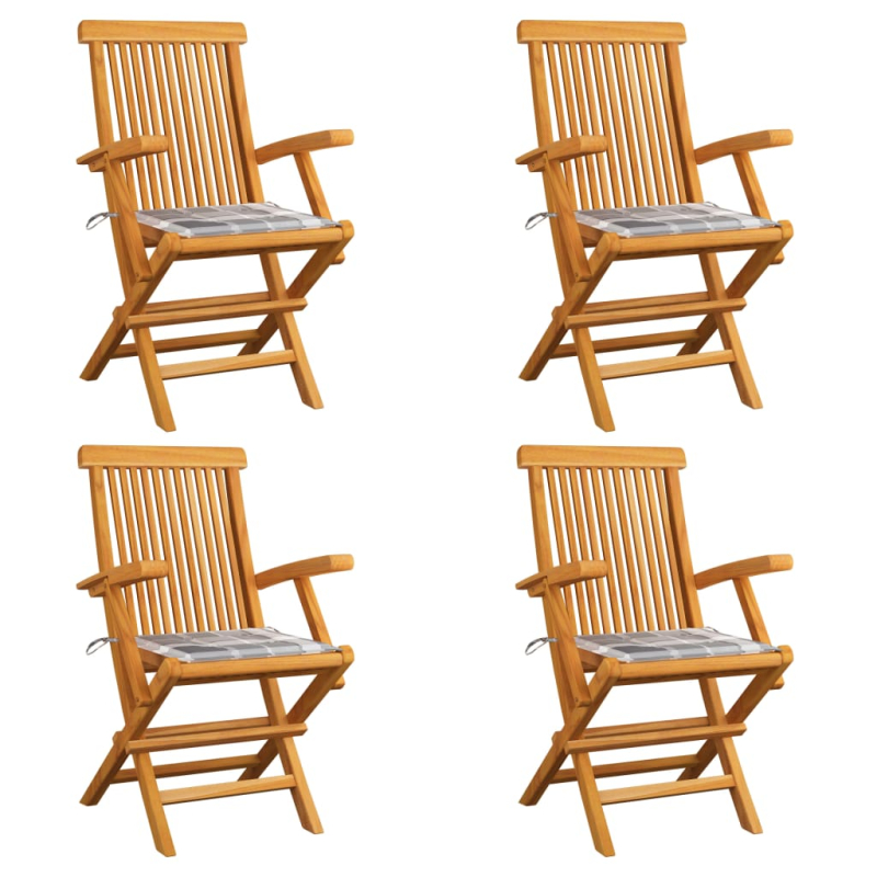 Gartenstühle Graue Karomuster-Kissen 4 Stk. Massivholz Teak