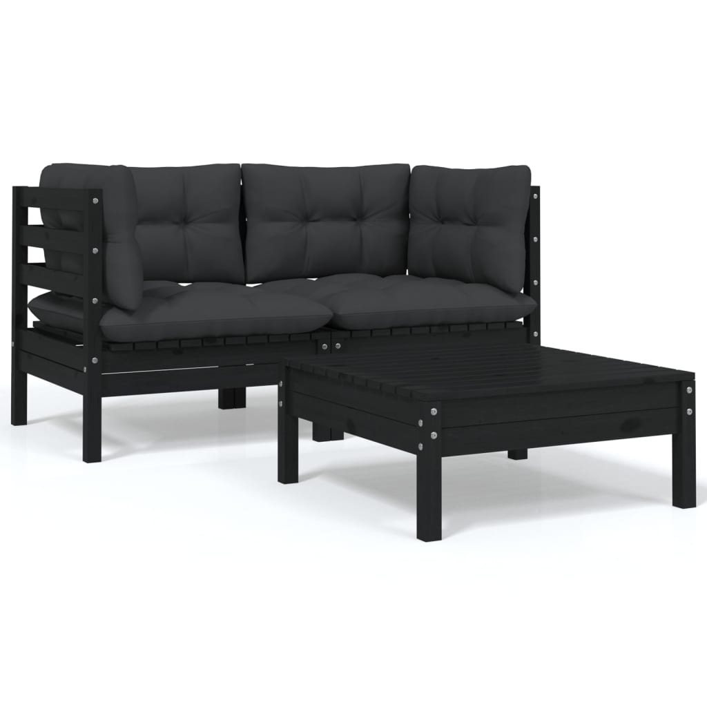 3-tlg. Garten-Lounge-Set mit Kissen Schwarz Massivholz Kiefer