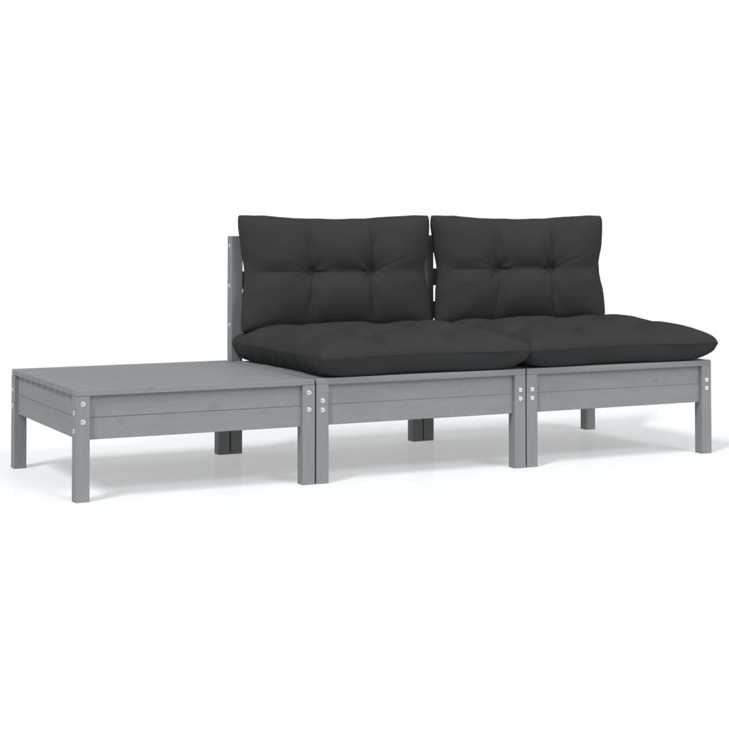 3-tlg. Garten-Lounge-Set mit Kissen Grau Kiefer Massivholz
