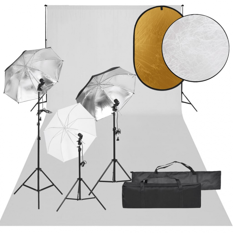 Fotostudio-Set mit Beleuchtung, Hintergrund und Reflektor