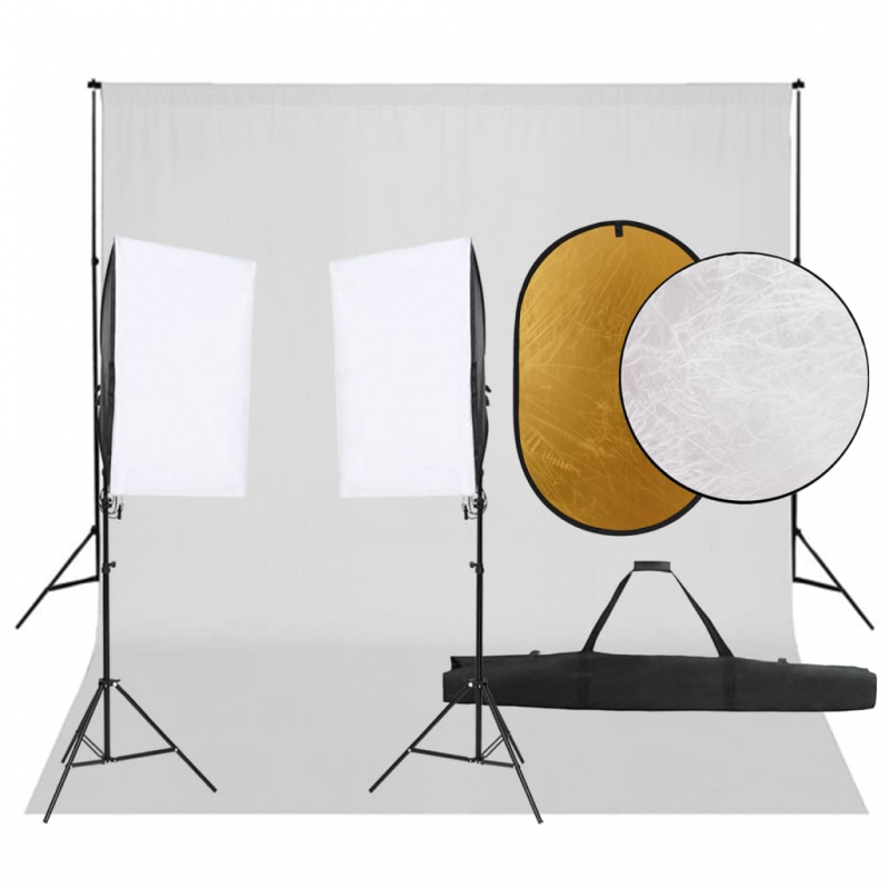 Fotostudio-Set mit Beleuchtung, Hintergrund und Reflektor