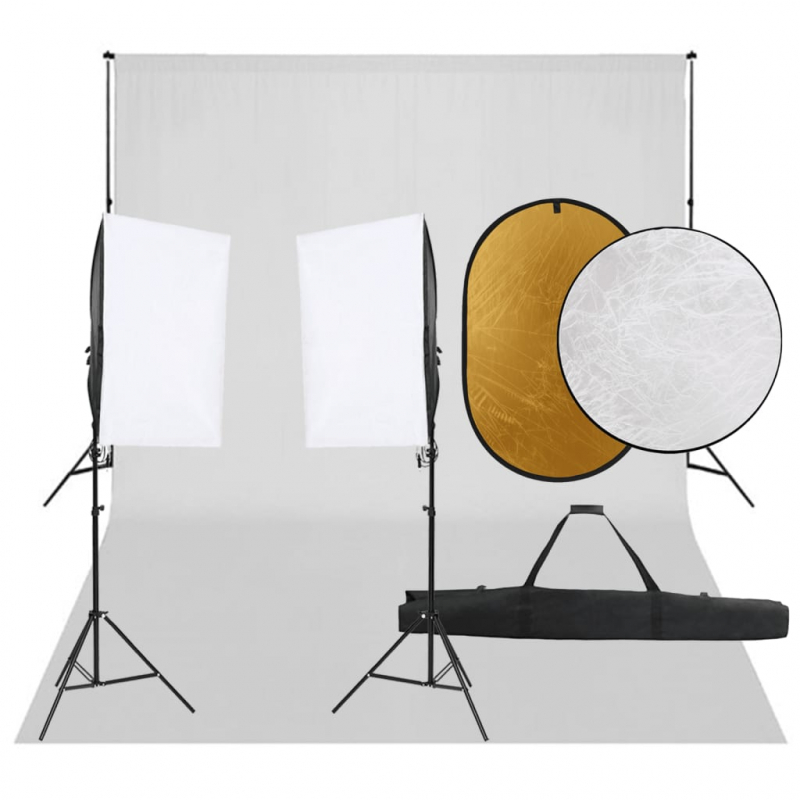 Fotostudio-Set mit Beleuchtung, Hintergrund und Reflektor