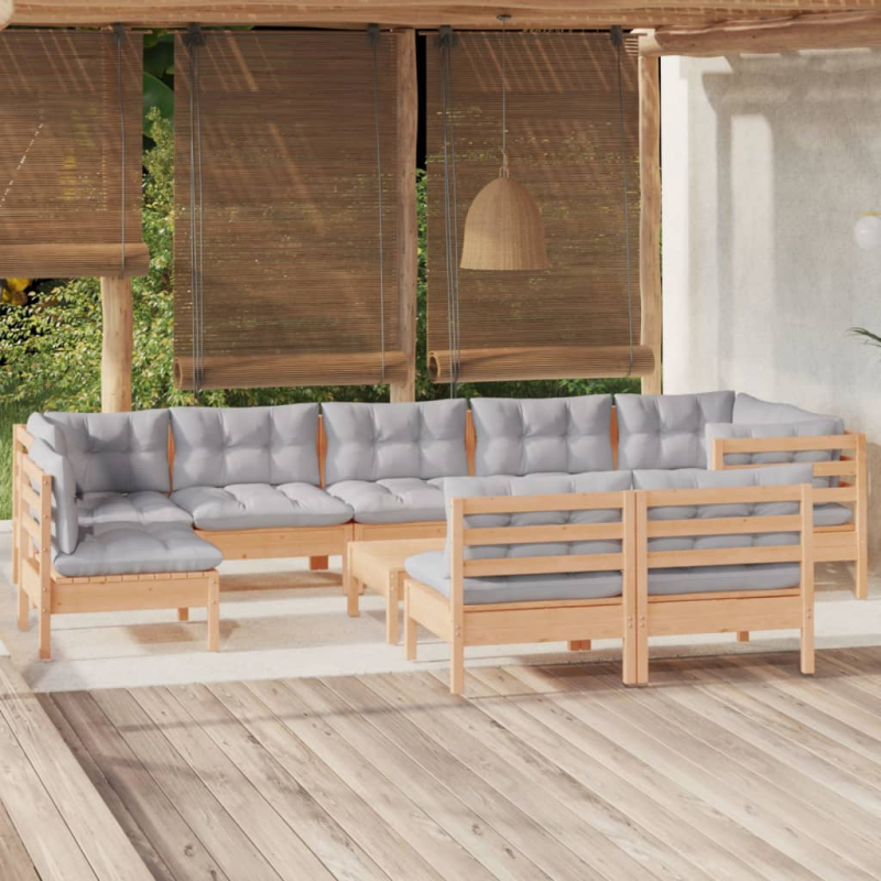 10-tlg. Garten-Lounge-Set mit Grauen Kissen Kiefer Massivholz