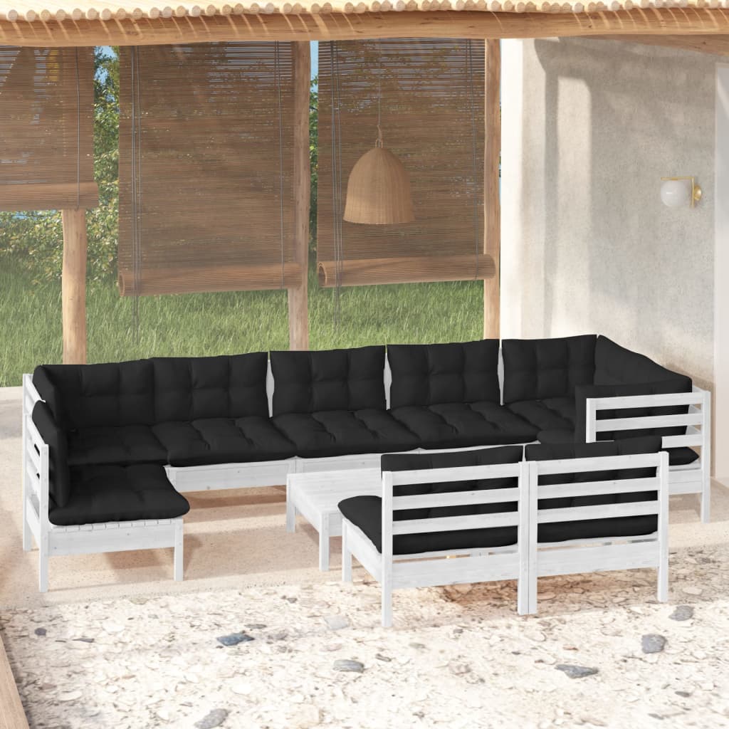 10-tlg. Garten-Lounge-Set mit Kissen Weiß Kiefer Massivholz