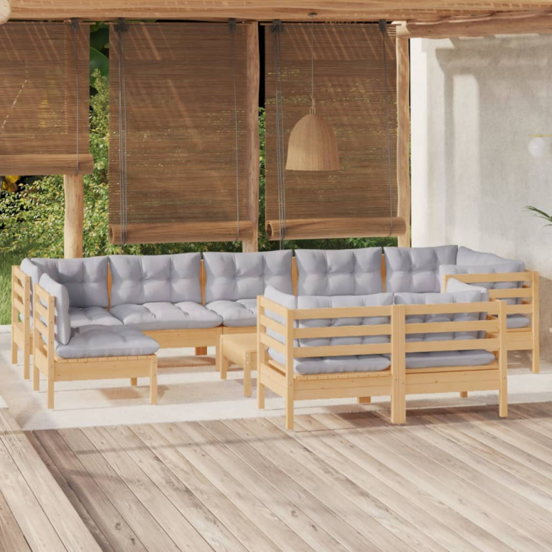10-tlg. Garten-Lounge-Set mit Grauen Kissen Kiefer Massivholz