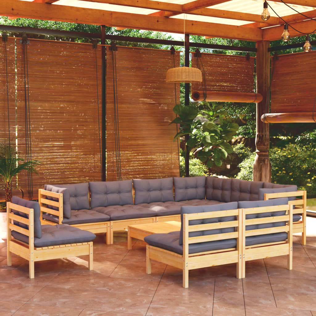 10-tlg. Garten-Lounge-Set mit Grauen Kissen Kiefer Massivholz