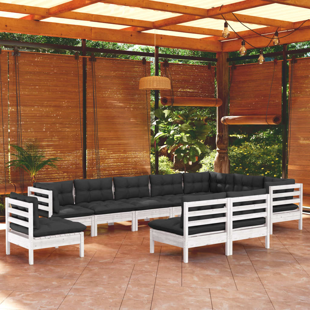 10-tlg. Garten-Lounge-Set mit Kissen Weiß Kiefer Massivholz