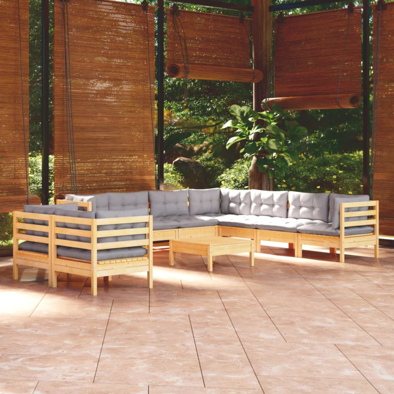 10-tlg. Garten-Lounge-Set mit Grauen Kissen Massivholz Kiefer