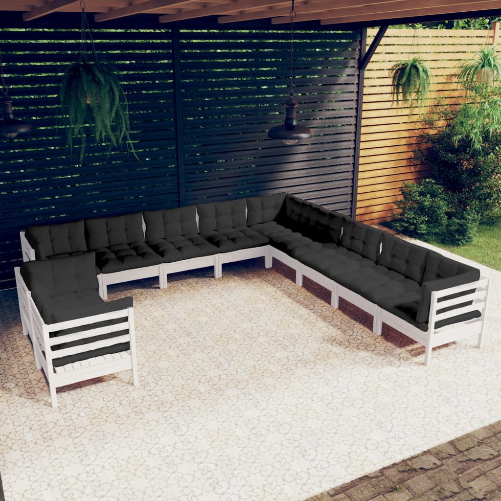 11-tlg. Garten-Lounge-Set mit Kissen Weiß Massivholz Kiefer