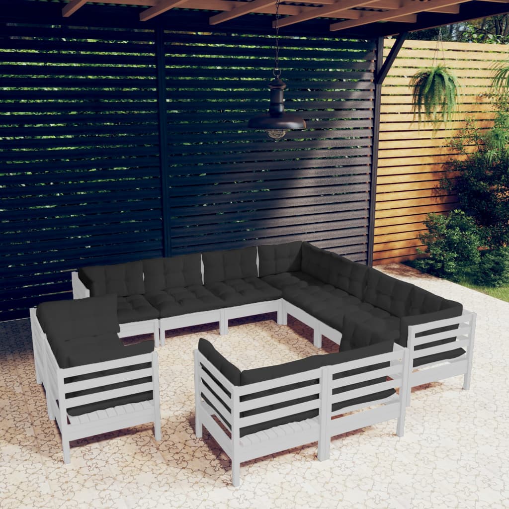 11-tlg. Garten-Lounge-Set mit Kissen Weiß Massivholz Kiefer