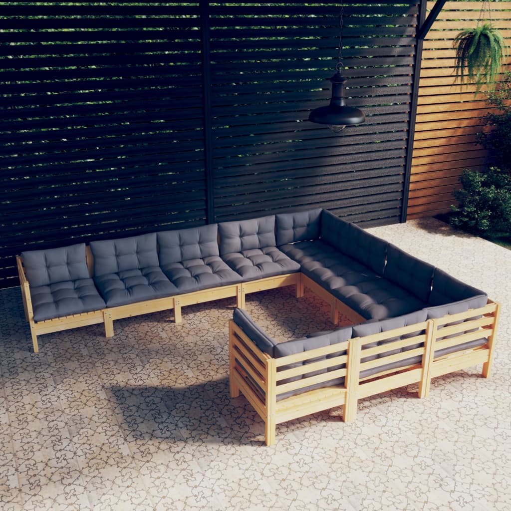 10-tlg. Garten-Lounge-Set mit Grauen Kissen Kiefernholz