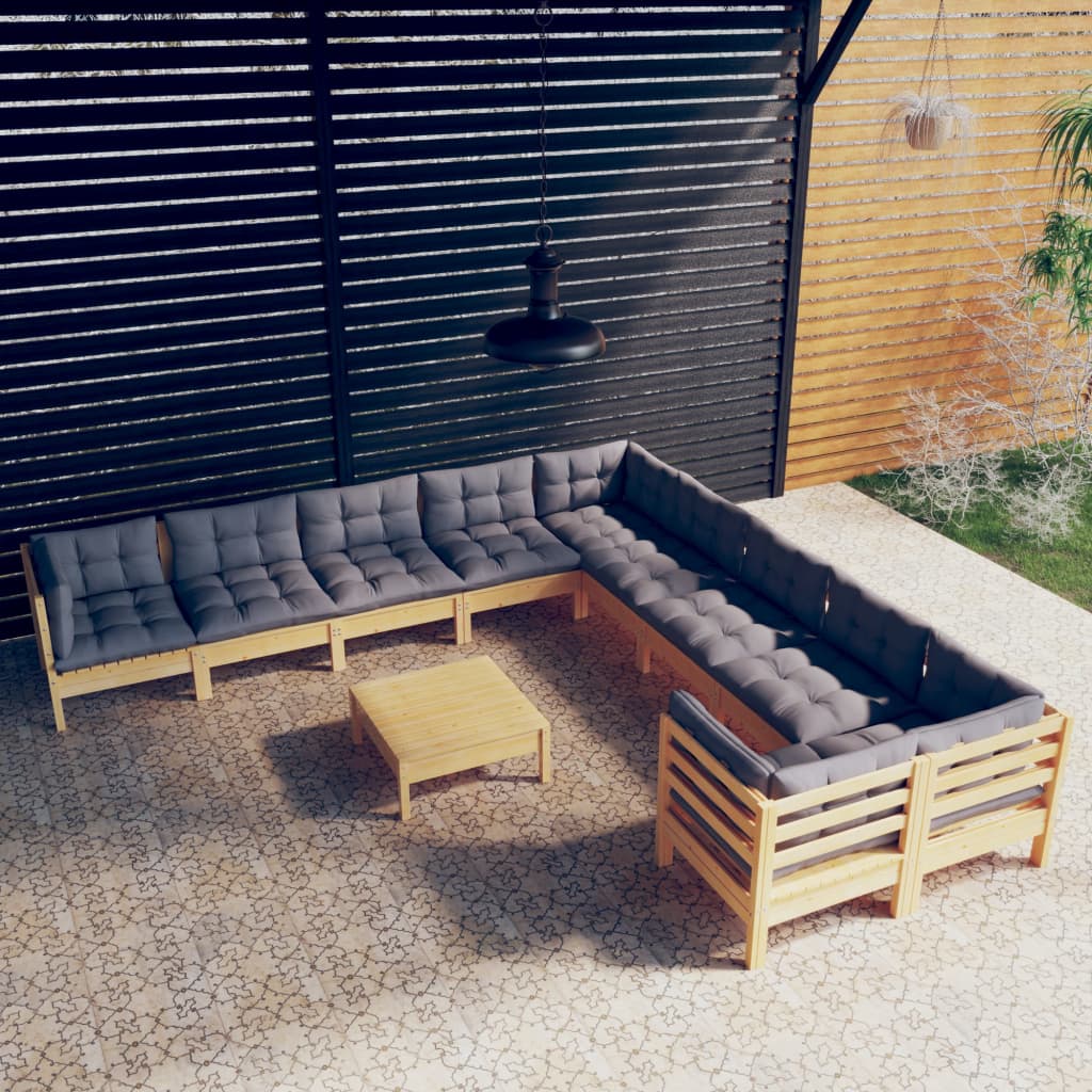 11-tlg. Garten-Lounge-Set mit Grauen Kissen Kiefernholz
