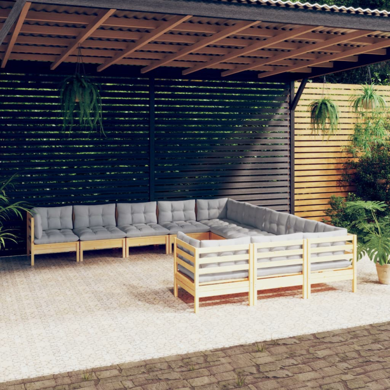 11-tlg. Garten-Lounge-Set mit Grauen Kissen Kiefernholz