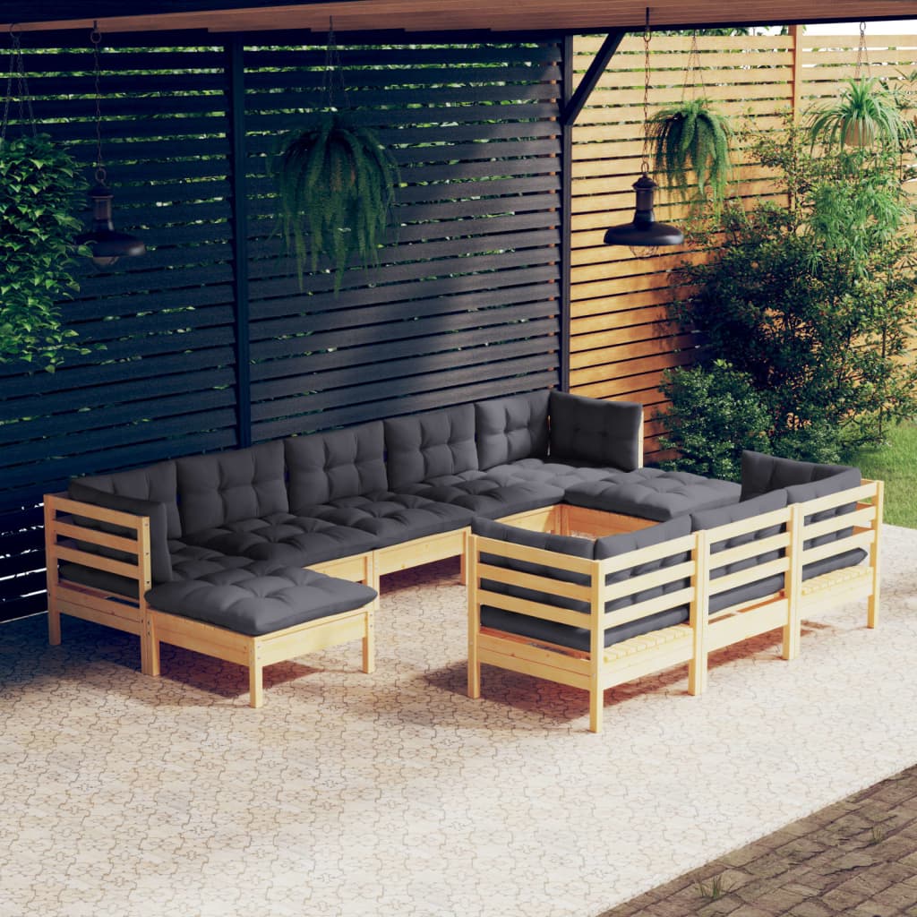 10-tlg. Garten-Lounge-Set mit Grauen Kissen Kiefer Massivholz