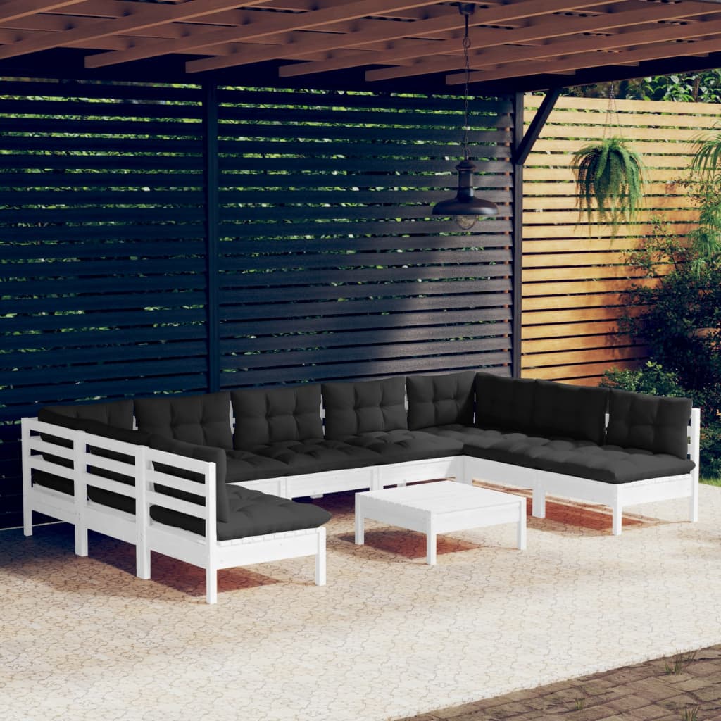 10-tlg. Garten-Lounge-Set mit Kissen Weiß Kiefer Massivholz