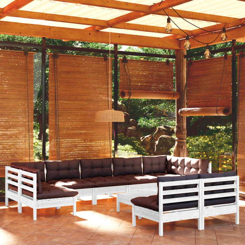 10-tlg. Garten-Lounge-Set mit Kissen Weiß Kiefer Massivholz