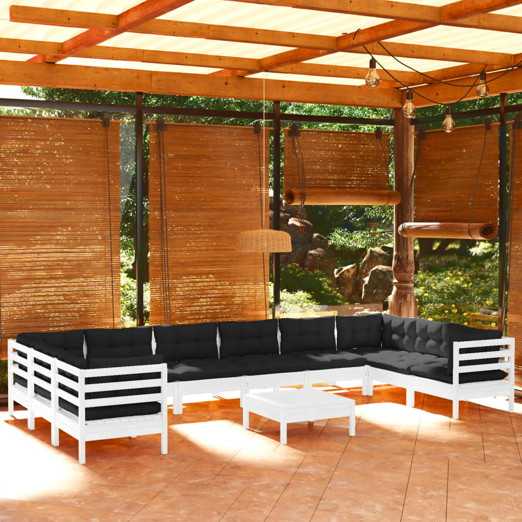 11-tlg. Garten-Lounge-Set mit Kissen Weiß Kiefernholz