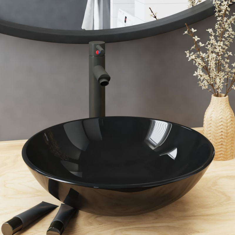 Badezimmer Waschbecken mit Wasserhahn Ablaufgarnitur Schwarz