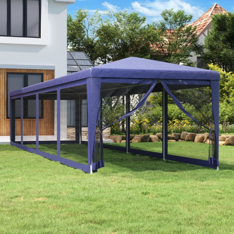 Partyzelt mit 10 Mesh-Seitenwänden Blau 3x12 m HDPE