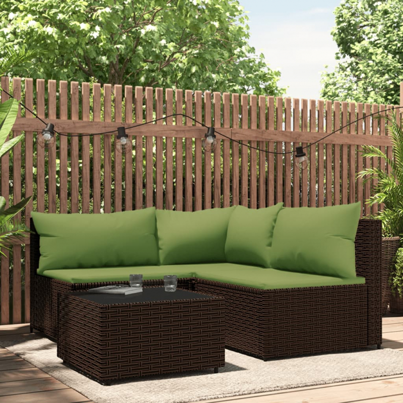 4-tlg. Garten-Lounge-Set mit Kissen Braun Poly Rattan