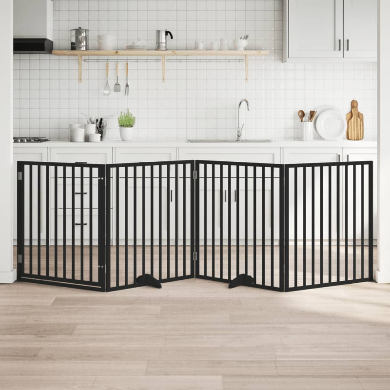 4-tlg. Hundetor mit Tür Faltbar Schwarz 320 cm Pappelholz