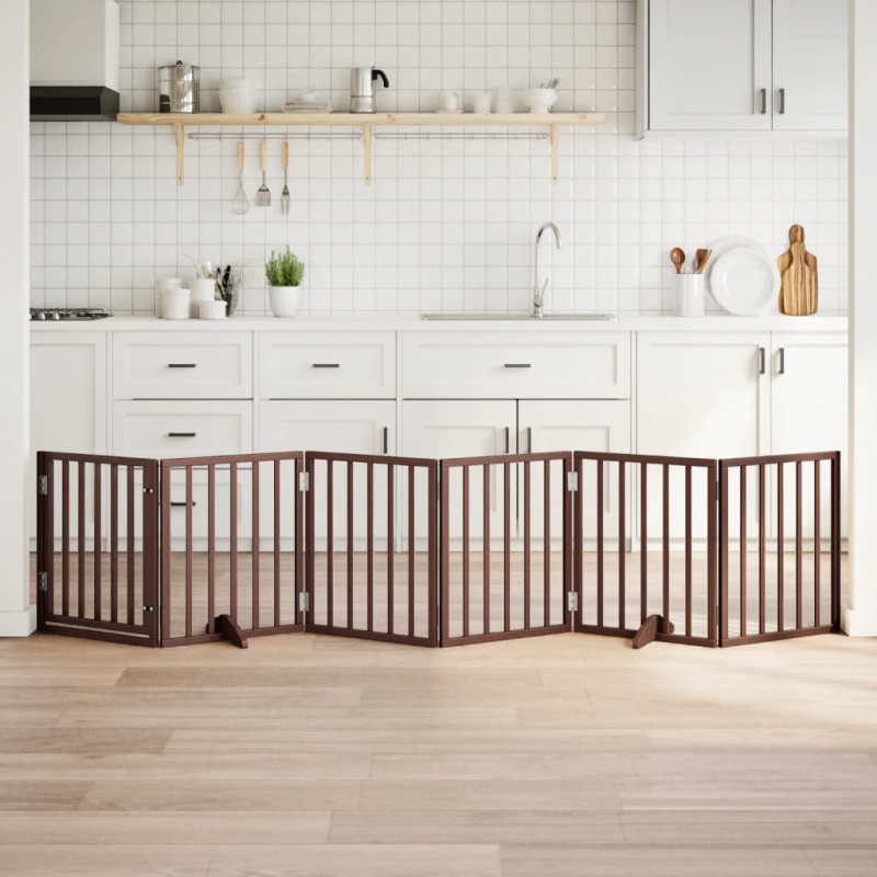 6-tlg. Hundetor mit Tür Faltbar Braun 300 cm Pappelholz