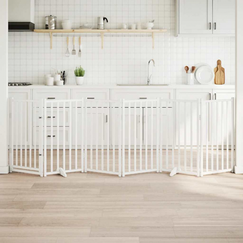 6-tlg. Hundetor mit Tür Faltbar Weiß 300 cm Massivholz Tanne