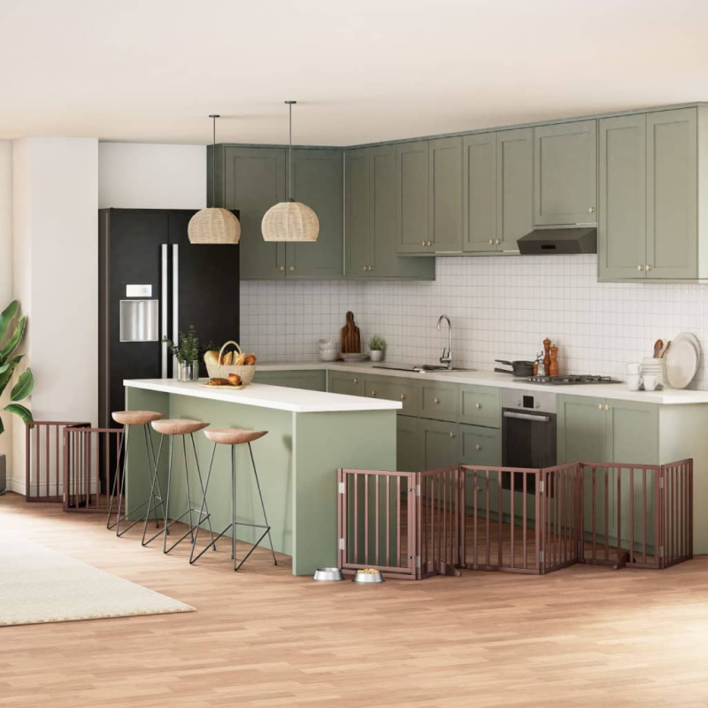 9-tlg. Hundetor mit Tür Faltbar Braun 450 cm Pappelholz