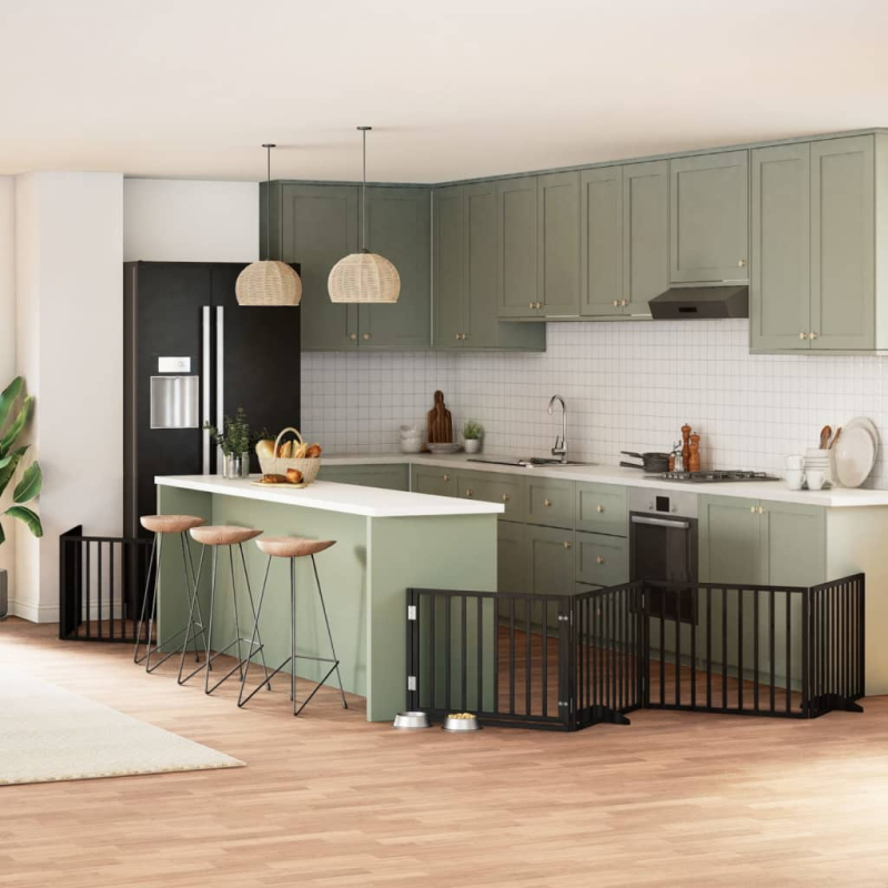 6-tlg. Hundetor mit Tür Faltbar Schwarz 480 cm Pappelholz