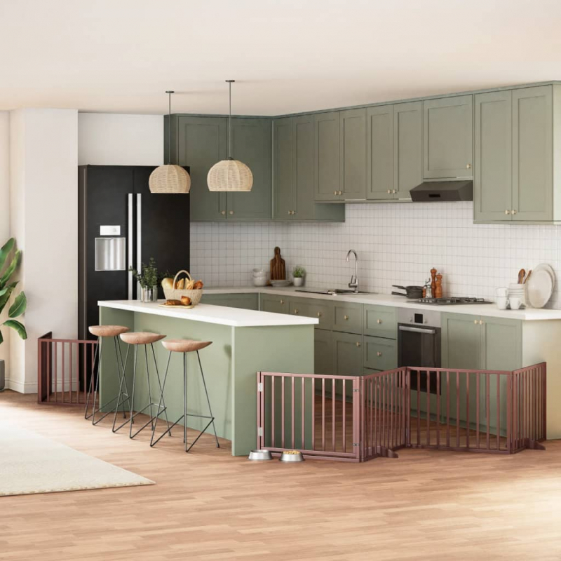 8-tlg. Hundetor mit Tür Faltbar Braun 640 cm Pappelholz