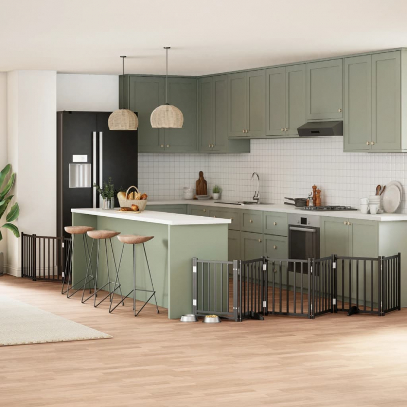 9-tlg. Hundetor mit Tür Faltbar Schwarz 450 cm Pappelholz