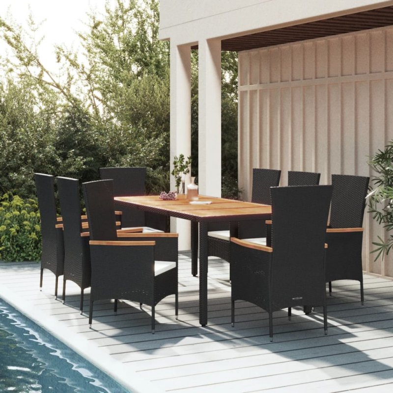 9-tlg. Garten-Essgruppe mit Kissen Schwarz Poly Rattan