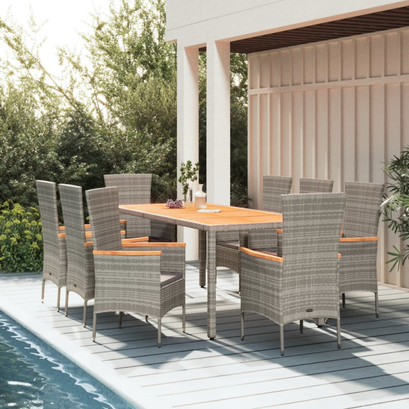 9-tlg. Garten-Essgruppe mit Kissen Grau Poly Rattan