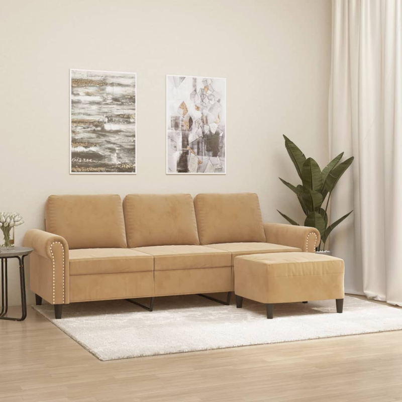 3-Sitzer-Sofa mit Hocker Braun 180 cm Samt