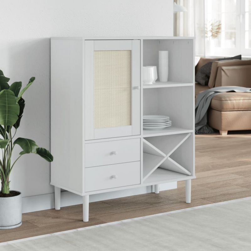 Highboard SENJA Rattan-Optik Weiß 90x40x112 cm Kiefernholz