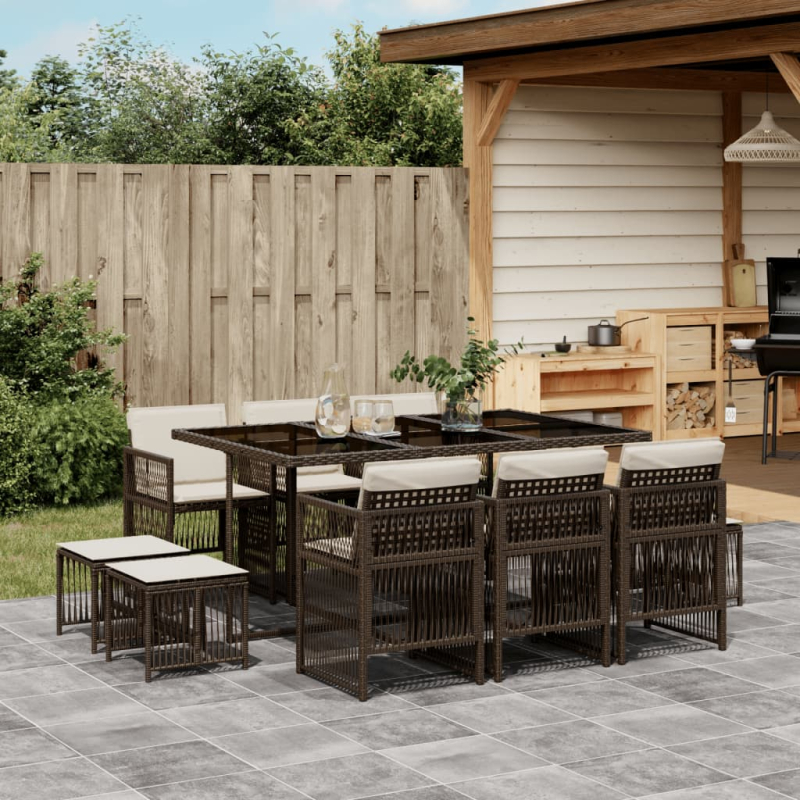 11-tlg. Garten-Essgruppe mit Kissen Braun Poly Rattan