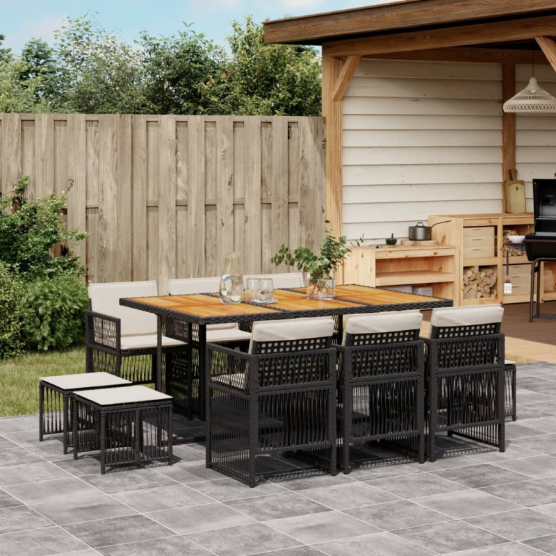 11-tlg. Garten-Essgruppe mit Kissen Schwarz Poly Rattan