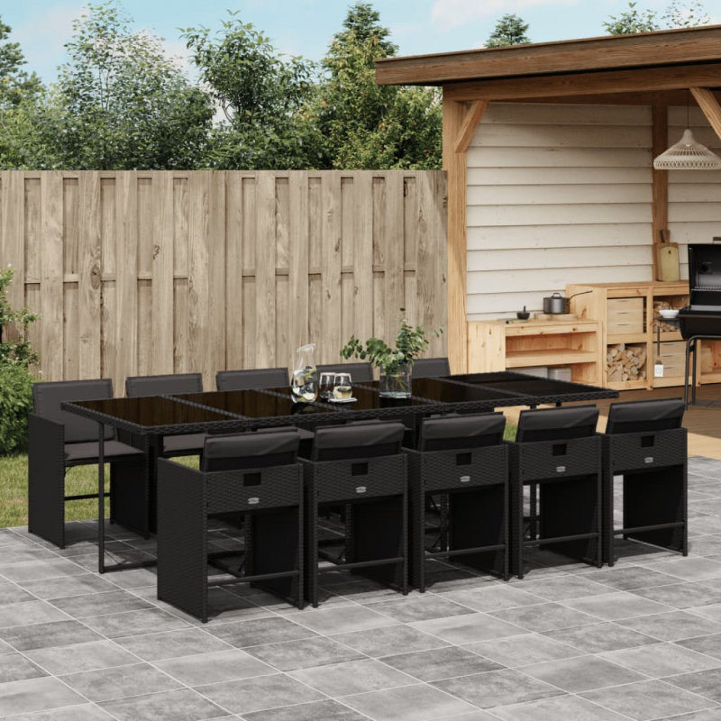 11-tlg. Garten-Essgruppe mit Kissen Schwarz Poly Rattan