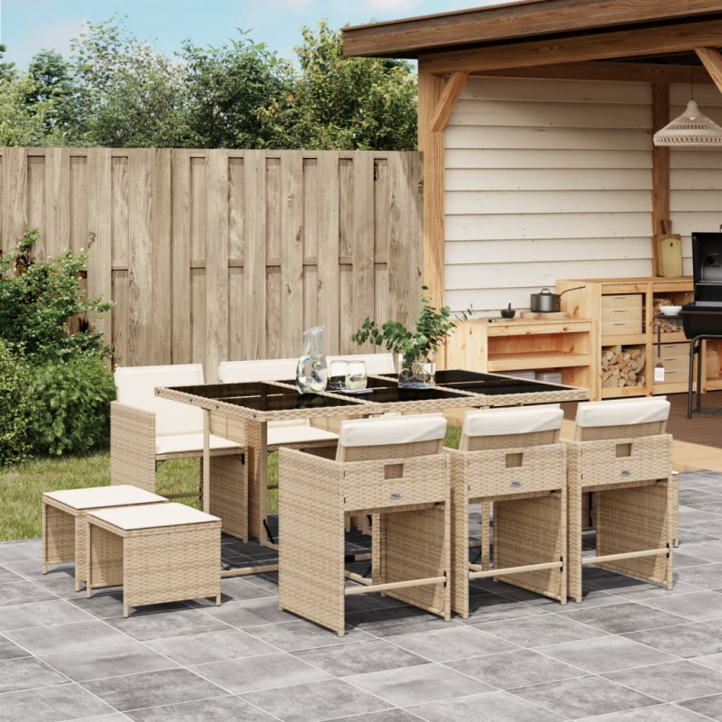 11-tlg. Garten-Essgruppe mit Kissen Beige Poly Rattan
