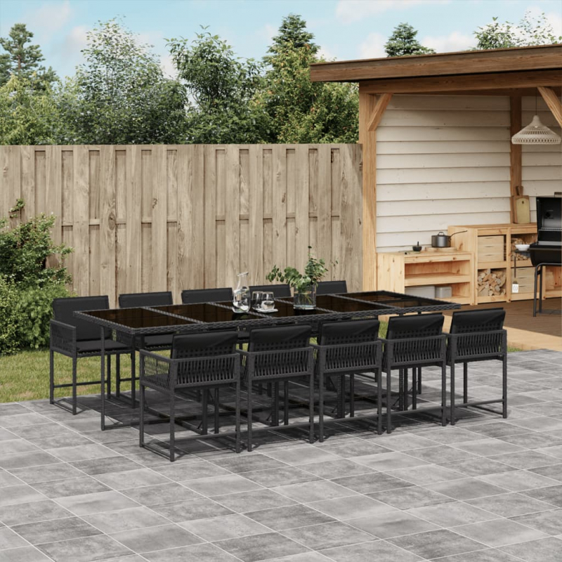 11-tlg. Garten-Essgruppe mit Kissen Schwarz Poly Rattan