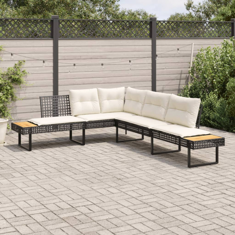 Gartensofa in L-Form mit Kissen Schwarz Poly Rattan und Akazie