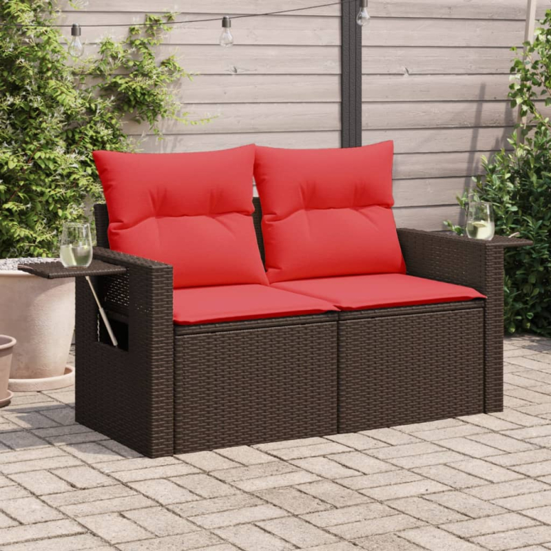 Gartensofa mit Kissen 2-Sitzer Braun Poly Rattan