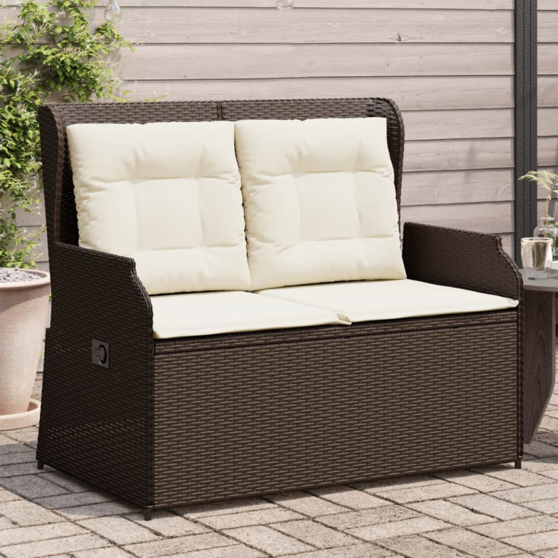 Gartenbank Verstellbar mit Kissen Braun Poly Rattan