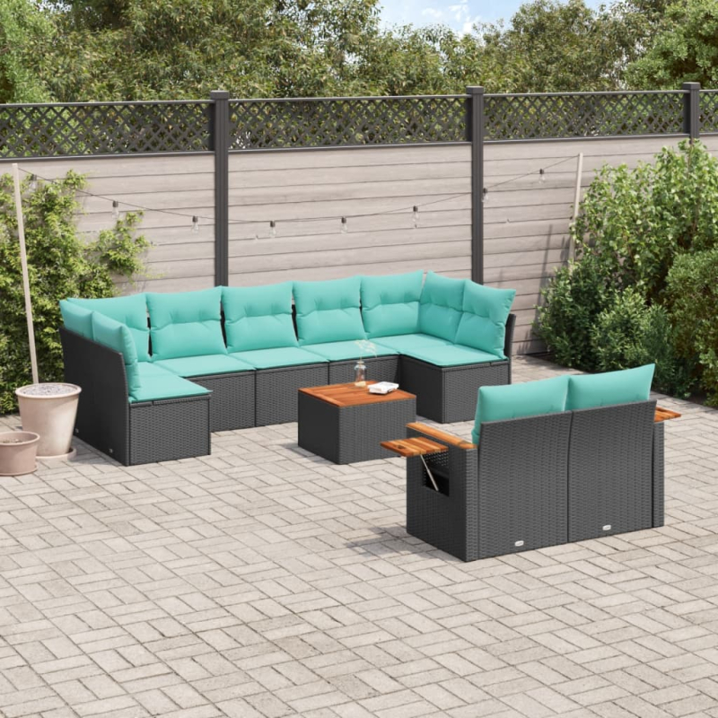 10-tlg. Garten-Sofagarnitur mit Kissen Schwarz Poly Rattan