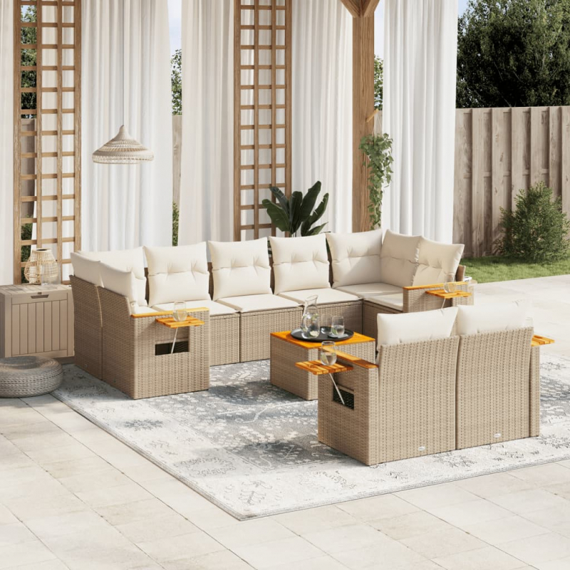 10-tlg. Garten-Sofagarnitur mit Kissen Beige Poly Rattan