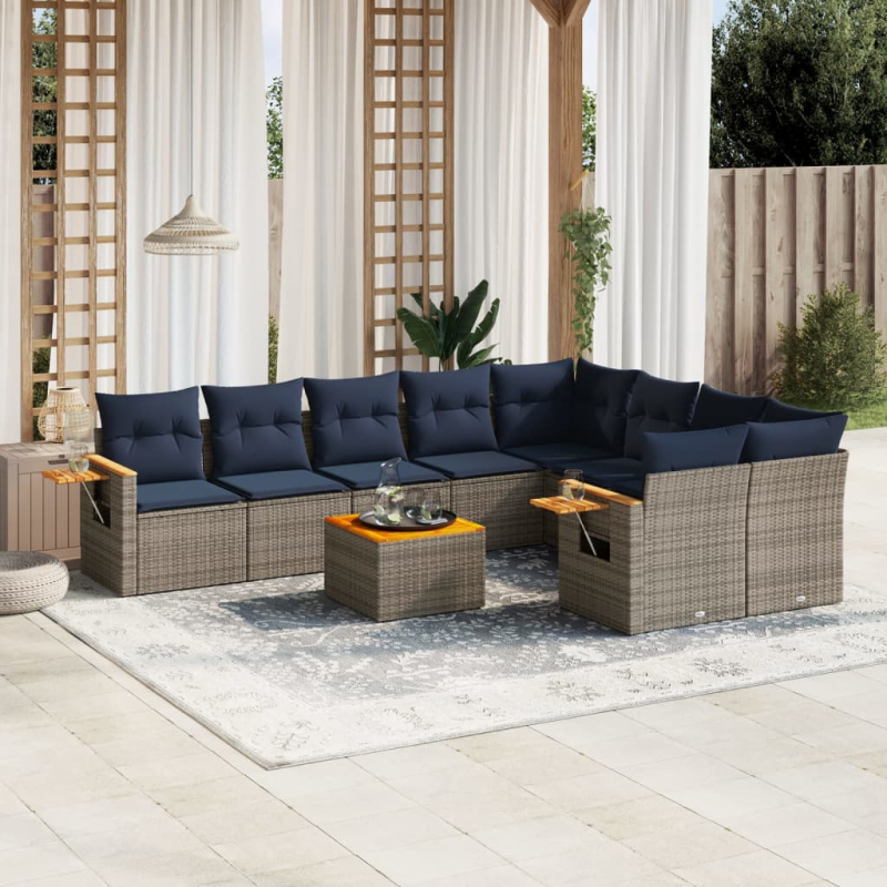 10-tlg. Garten-Sofagarnitur mit Kissen Grau Poly Rattan
